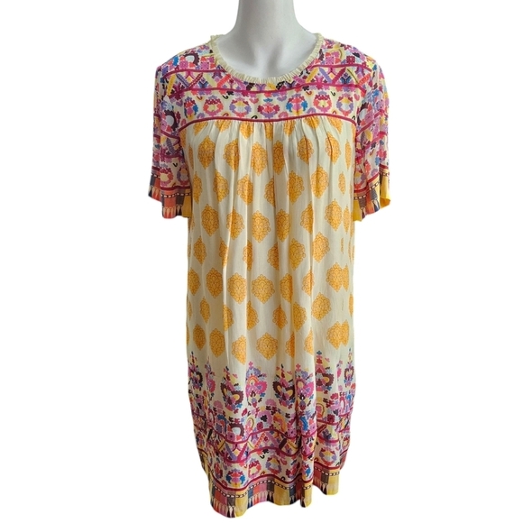 Anthropologie TANVI KEDIA S Caltha Swing DressYellow Red Beaded Boho Print EUC - Picture 2 of 12